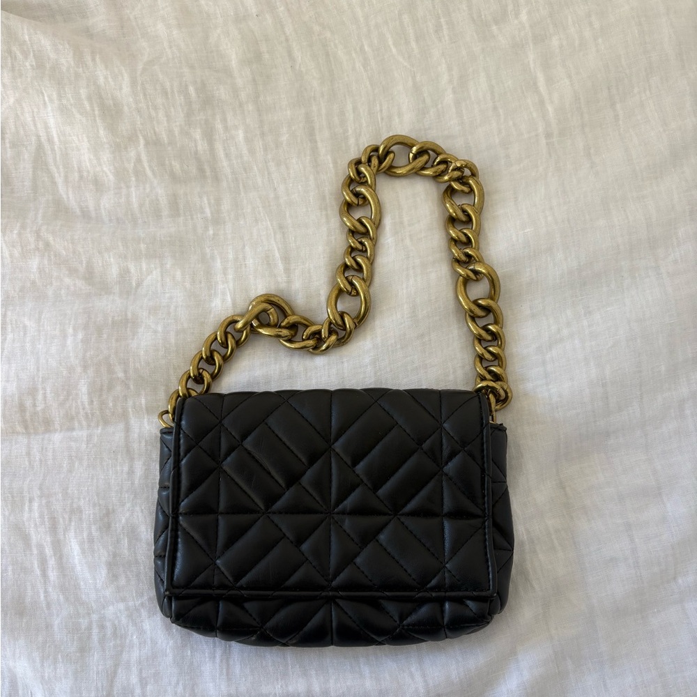 Zara Black Quilted Shoulder Bag with Gold Chain Strap